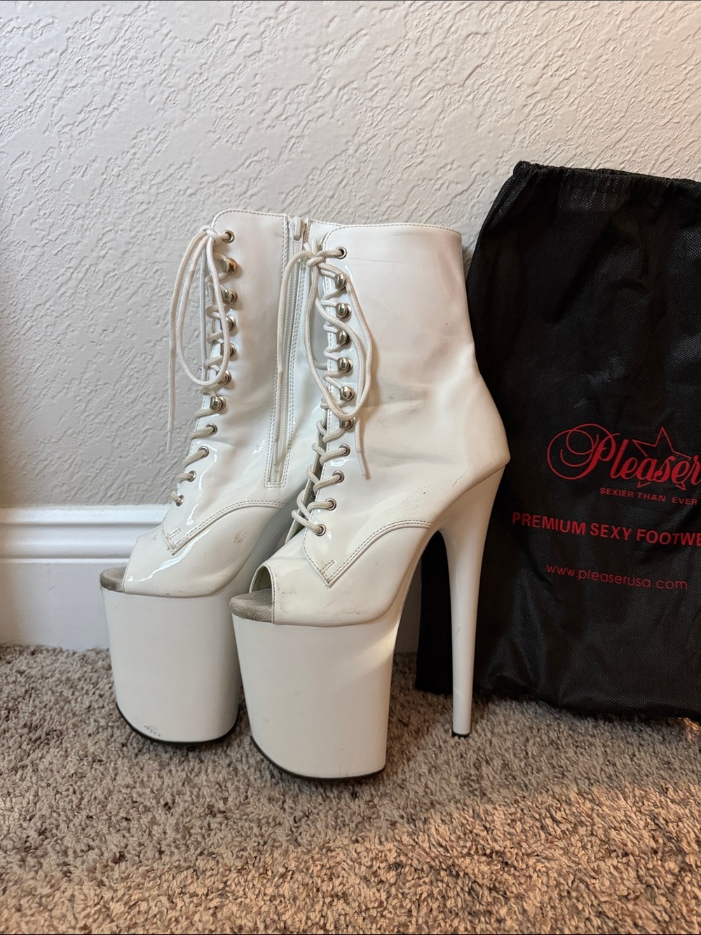 Pleaser White Lace-Up Platform Peep-Toe Boots